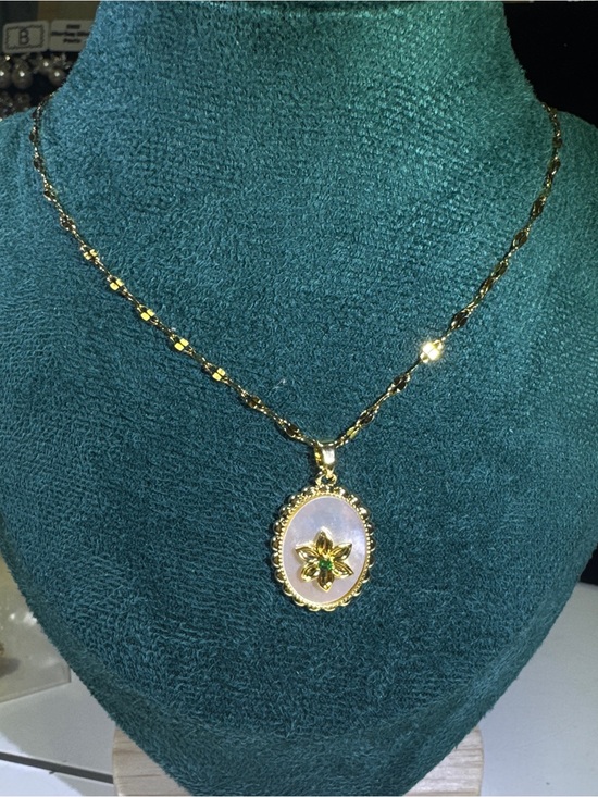 Jewelry - Gold Floral Pendant Necklace with White Mother-of-Pearl Inlay